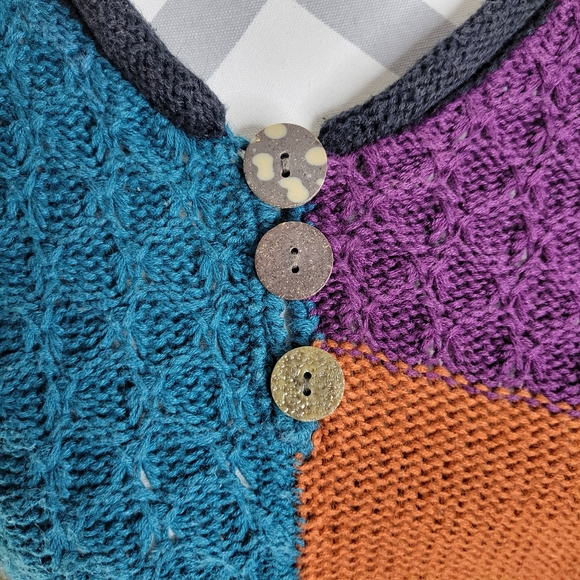 Womans Yarnworks Color Block Ramie Cotton Sweater Button V-Neck Size Large 12/14 - Picture 3 of 11